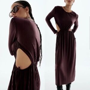 Zara Burgundy Cutout Pleated Long Sleeve Maxi Dress
